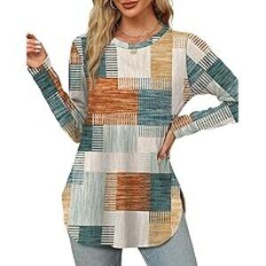 NEW! Boho Long Sleeve Shirts for Women Crewneck Basic Loose Tunic Tops